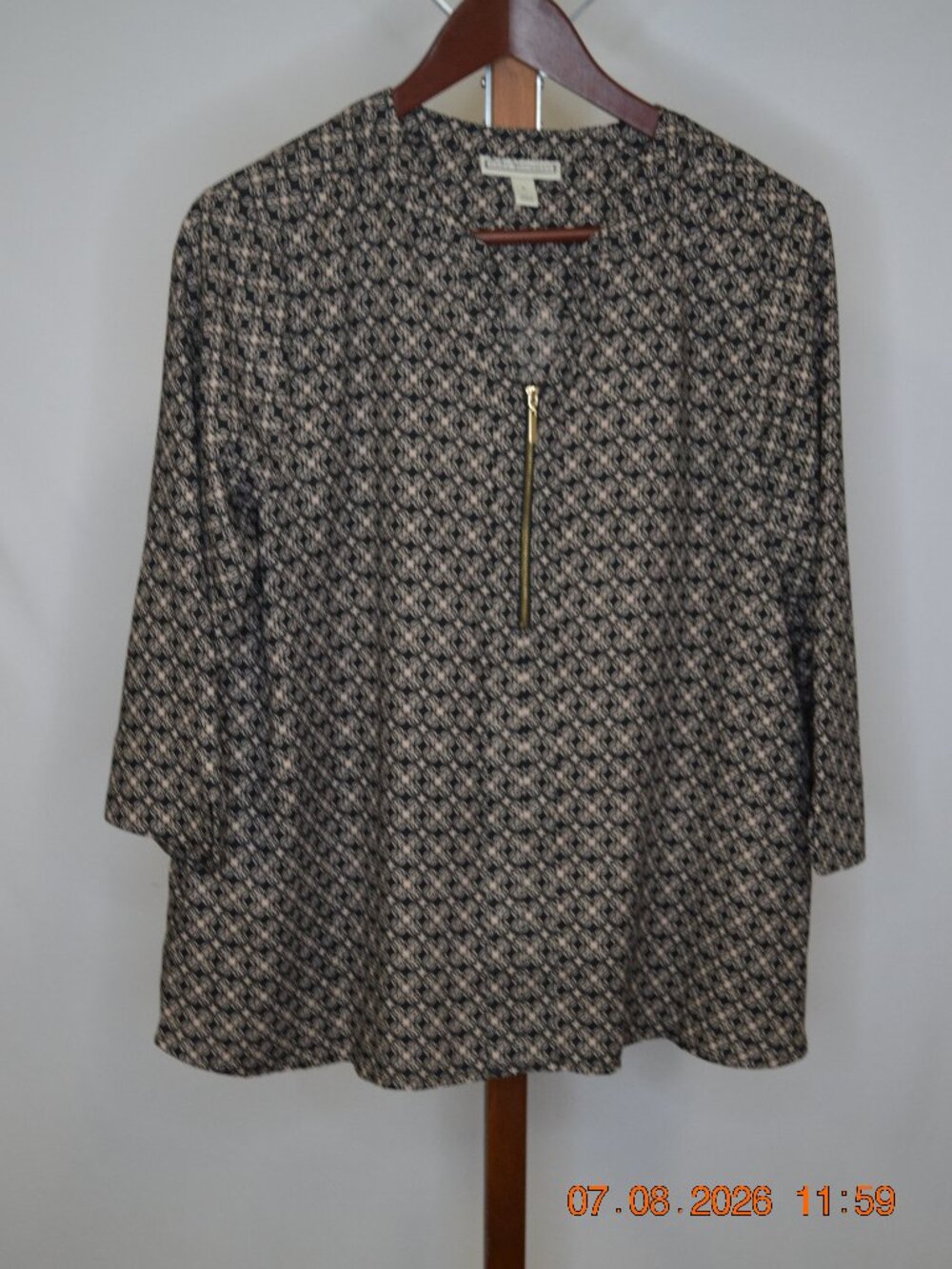 Dana Buchman Women's Large Black Cream Mandala Print Quarter Sleeve Top
